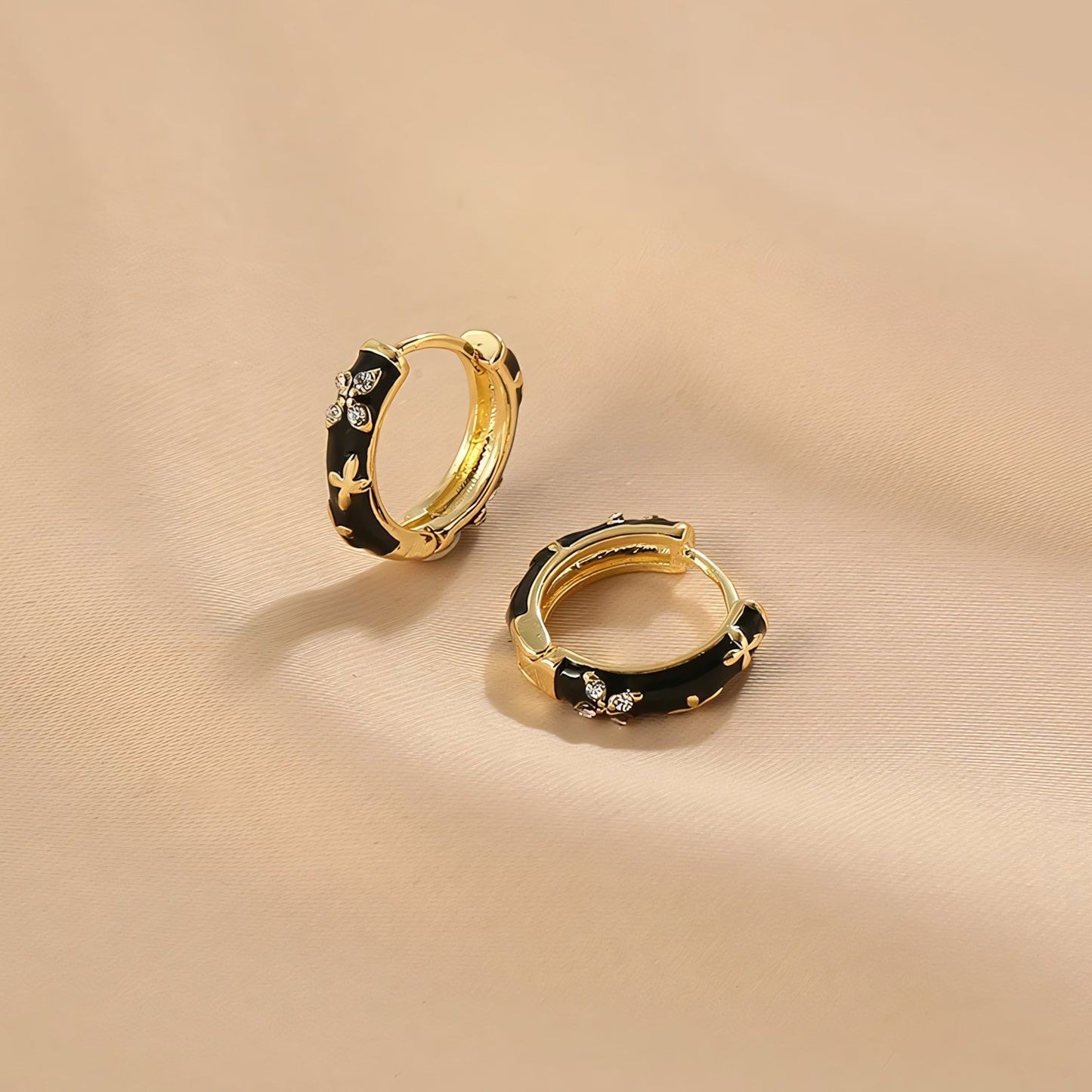 Dainty Black and Gold Floral Hoop Earrings - Veinci