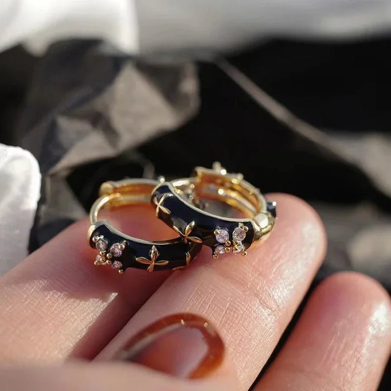 Dainty Black and Gold Floral Hoop Earrings - Veinci