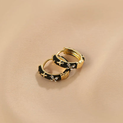 Dainty Black and Gold Floral Hoop Earrings - Veinci