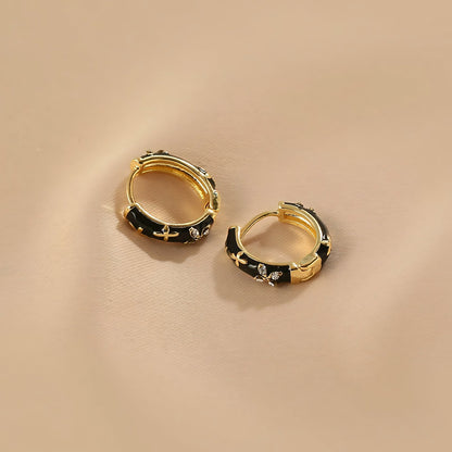 Dainty Black and Gold Floral Hoop Earrings - Veinci