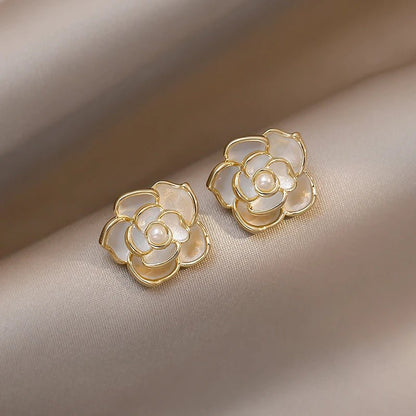 Dainty Blanc Camellia Floral Necklace, Earrings, Ring Jewelry Set - Veinci