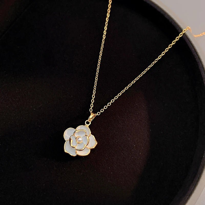 Dainty Blanc Camellia Floral Necklace, Earrings, Ring Jewelry Set - Veinci