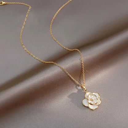Dainty Blanc Camellia Floral Necklace, Earrings, Ring Jewelry Set - Veinci