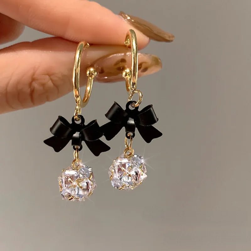 Dainty Bow Diamond Dangle Earrings - Veinci