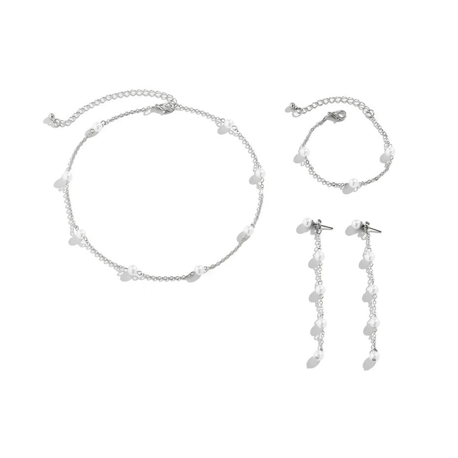 Dainty Chain Pearl Bracelet, Necklace, and Earring Set - Veinci