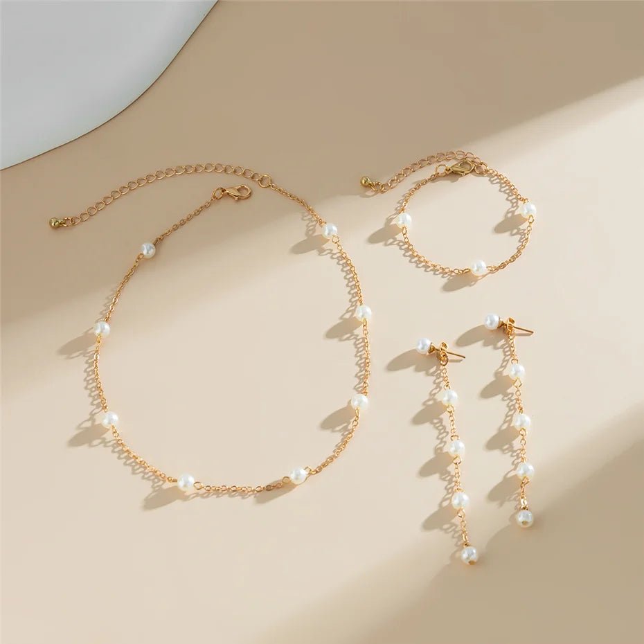 Dainty Chain Pearl Bracelet, Necklace, and Earring Set - Veinci