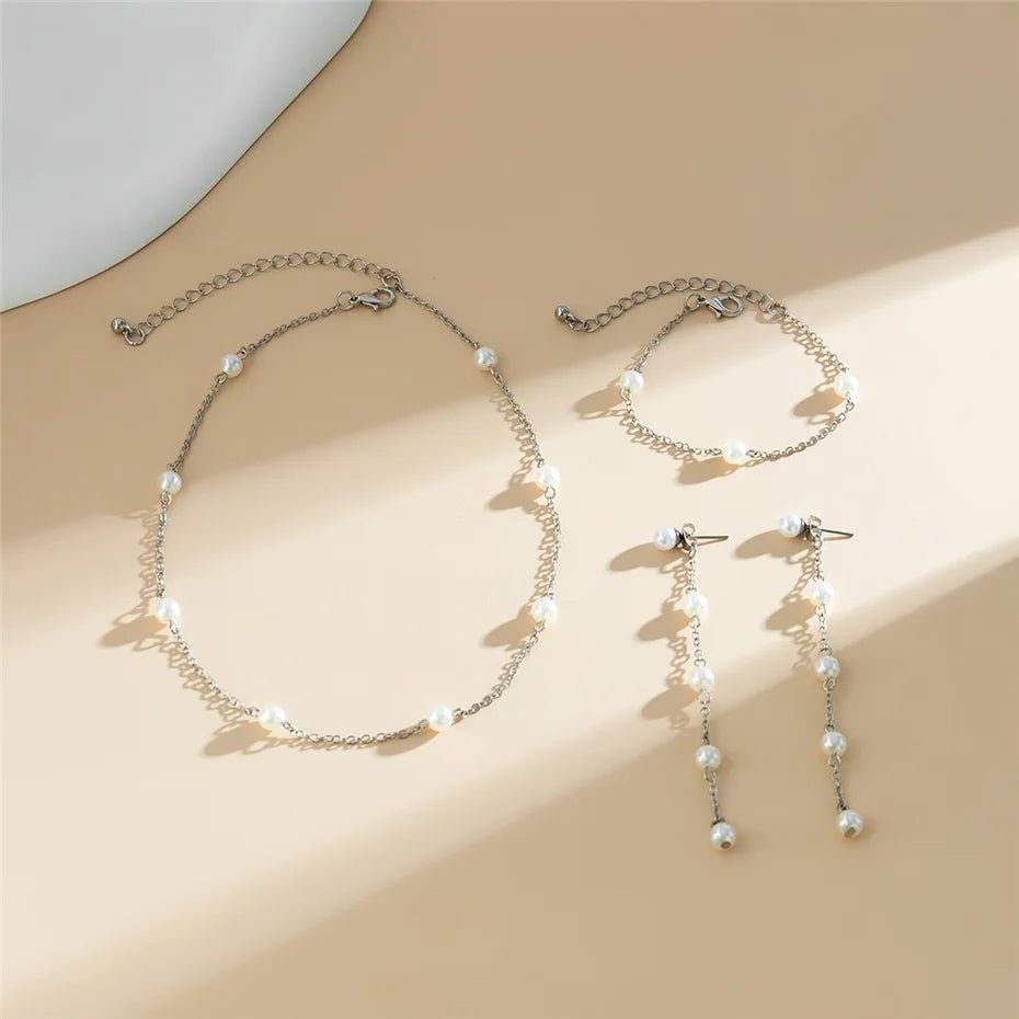 Dainty Chain Pearl Bracelet, Necklace, and Earring Set - Veinci