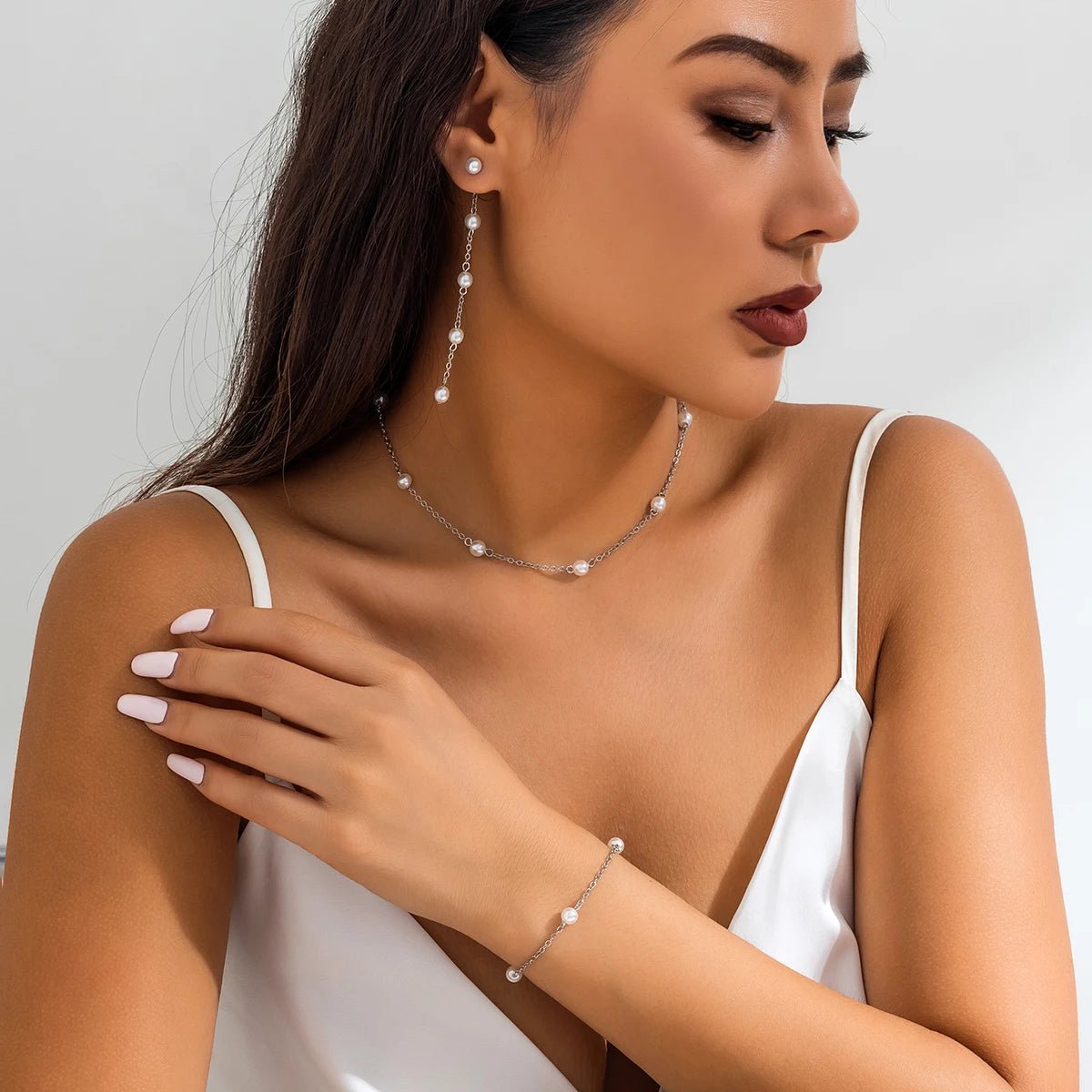 Dainty Chain Pearl Bracelet, Necklace, and Earring Set - Veinci