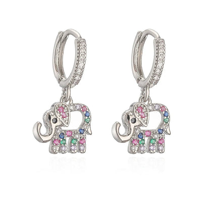 Dainty Colorful Diamond Elephant Outline Earrings - Veinci