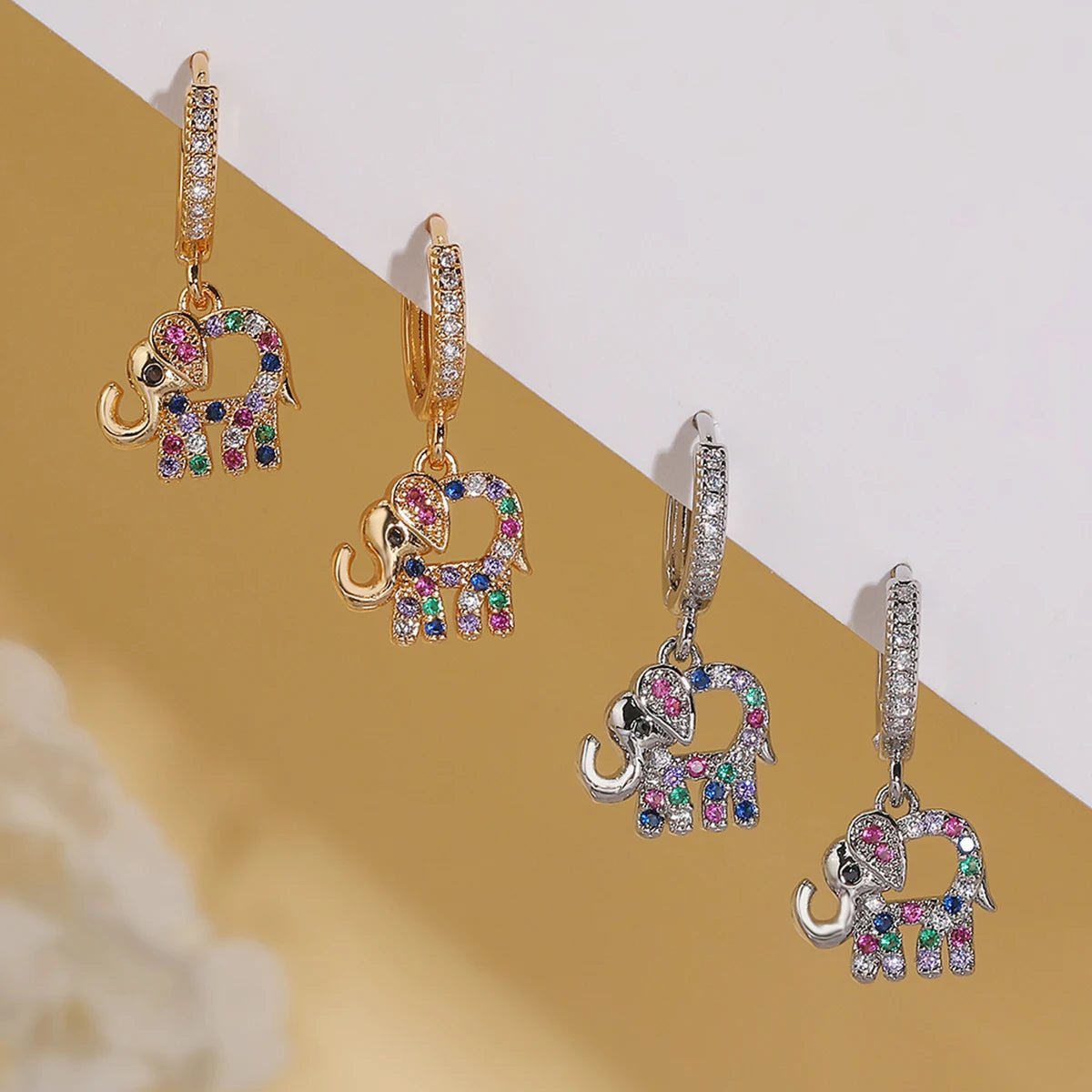 Dainty Colorful Diamond Elephant Outline Earrings - Veinci