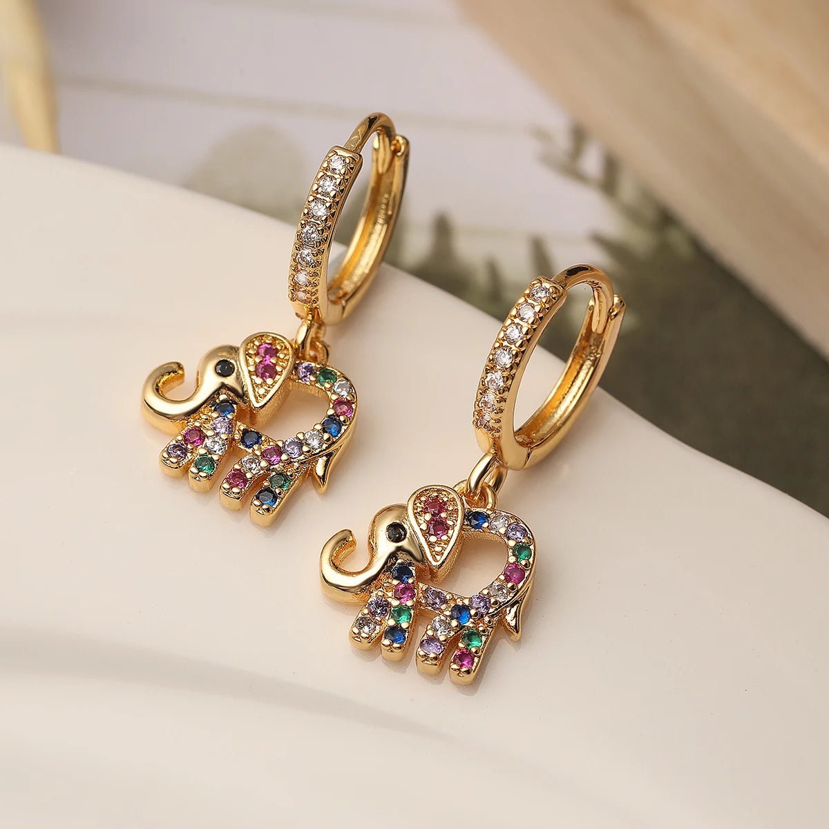 Dainty Colorful Diamond Elephant Outline Earrings - Veinci