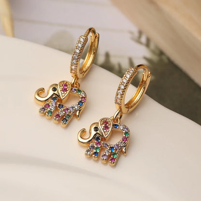 Dainty Colorful Diamond Elephant Outline Earrings - Veinci