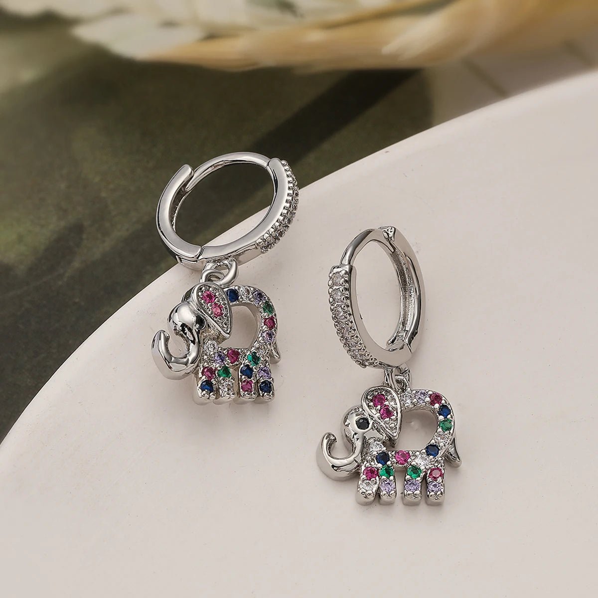 Dainty Colorful Diamond Elephant Outline Earrings - Veinci