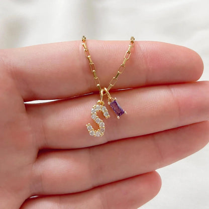 Dainty Diamond Letter Initial & Birthstone Paperclip Chain Necklace - Veinci