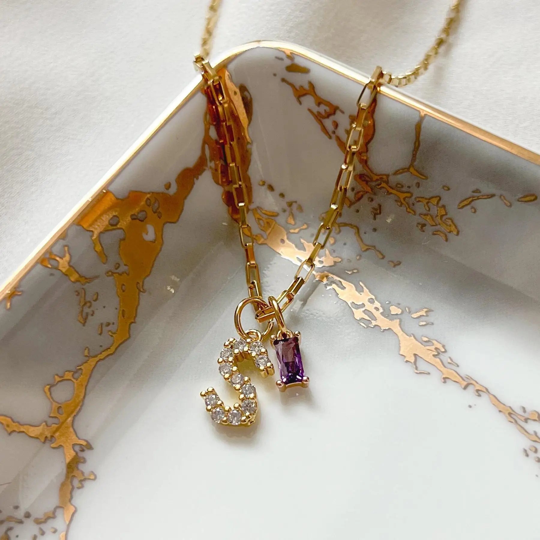 Dainty Diamond Letter Initial & Birthstone Paperclip Chain Necklace - Veinci