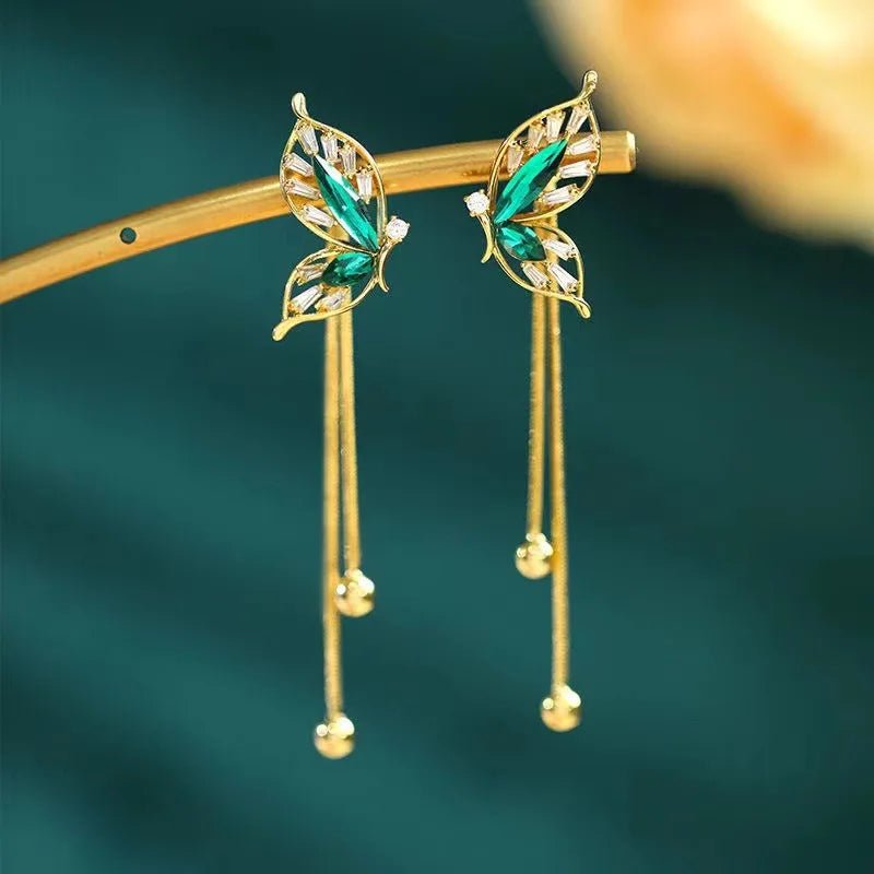 Dainty Emerald Butterfly Dangle Earrings - Veinci