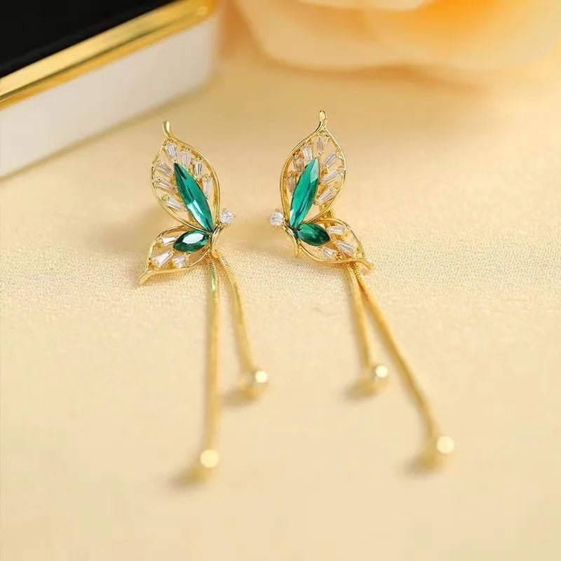 Dainty Emerald Butterfly Dangle Earrings - Veinci