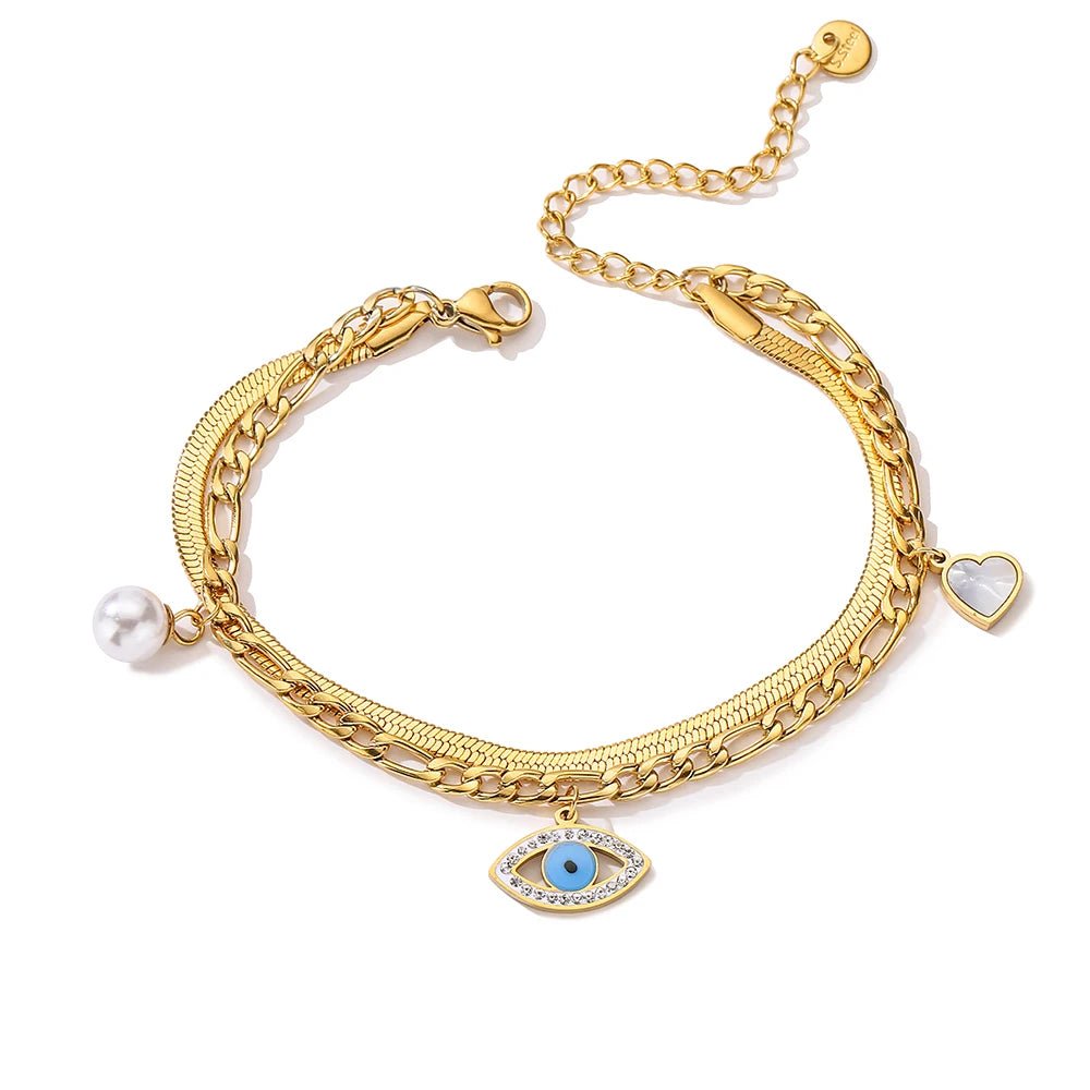 Dainty Evil Eye Herringbone & Figaro Chain Bracelet - Veinci