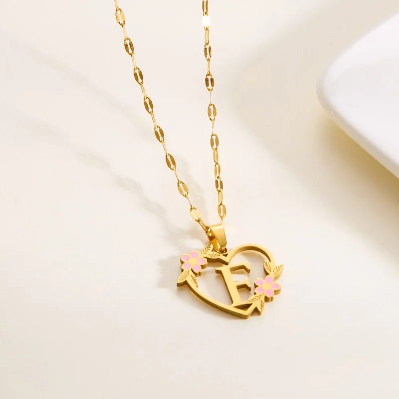 Dainty Floral Accented Heart Letter Initial Necklace - Veinci