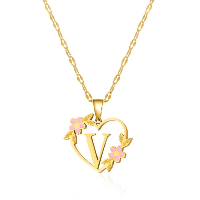 Dainty Floral Accented Heart Letter Initial Necklace - Veinci