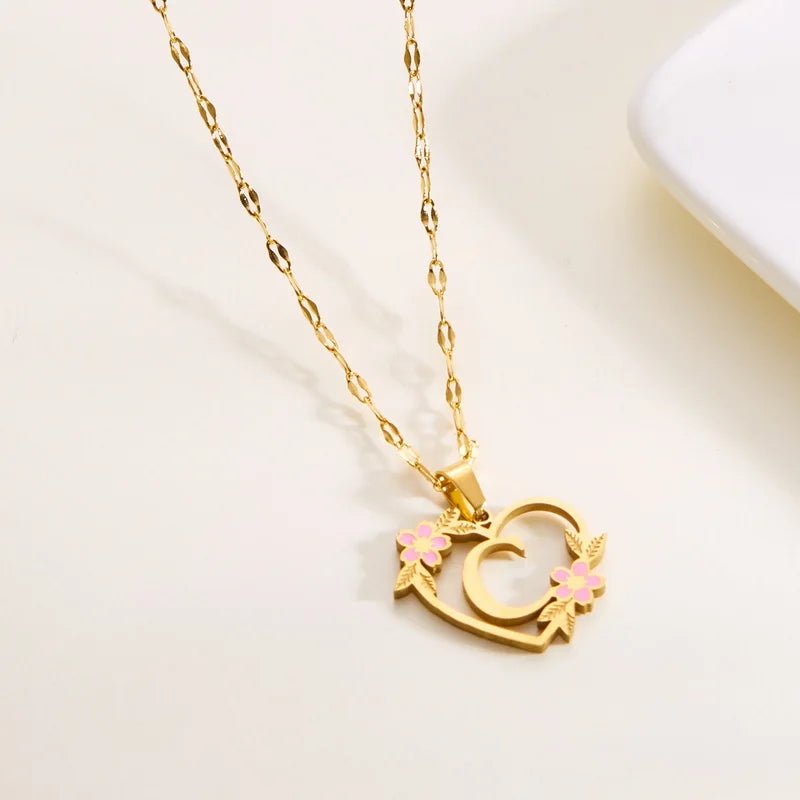 Dainty Floral Accented Heart Letter Initial Necklace - Veinci