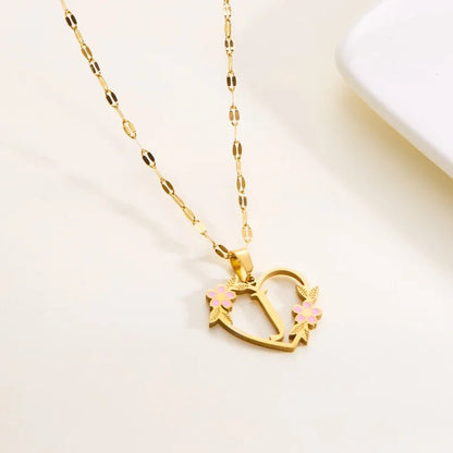 Dainty Floral Accented Heart Letter Initial Necklace - Veinci