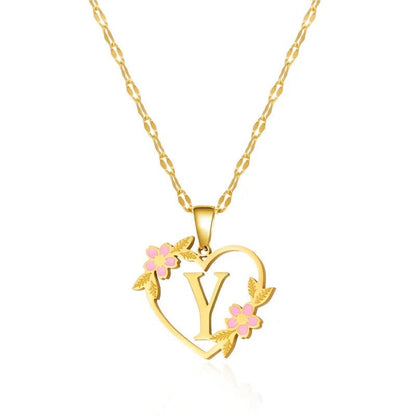 Dainty Floral Accented Heart Letter Initial Necklace - Veinci