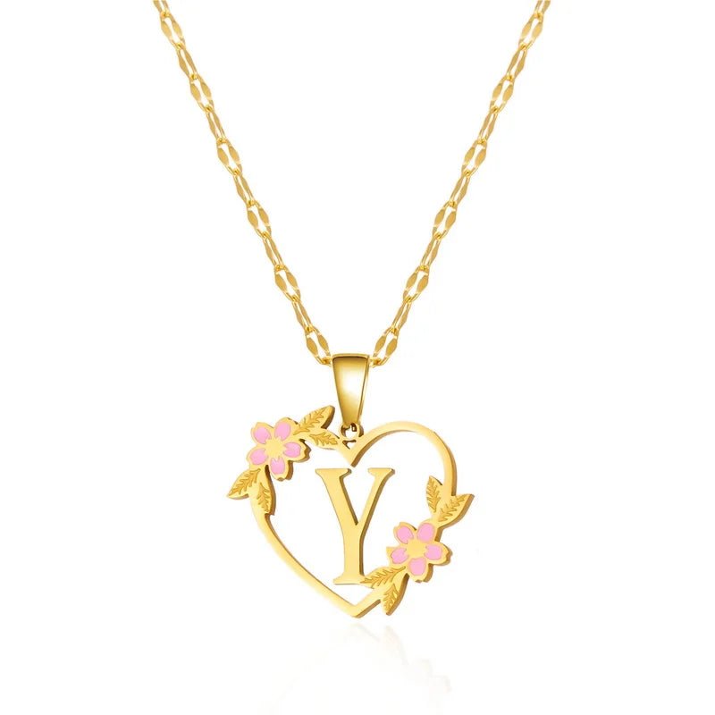 Dainty Floral Accented Heart Letter Initial Necklace - Veinci