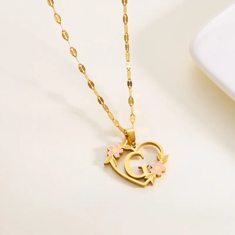 Dainty Floral Accented Heart Letter Initial Necklace - Veinci