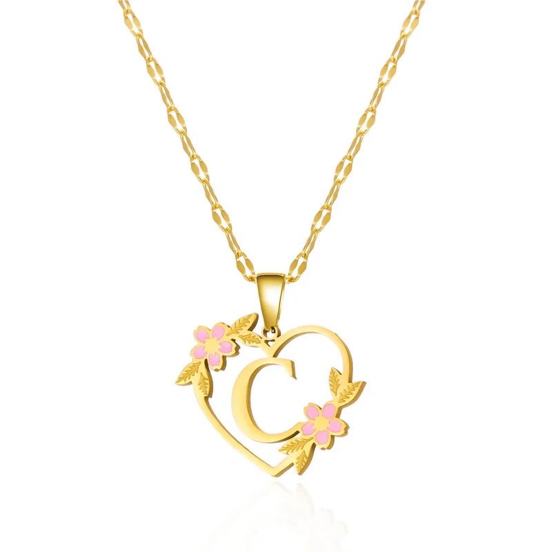 Dainty Floral Accented Heart Letter Initial Necklace - Veinci