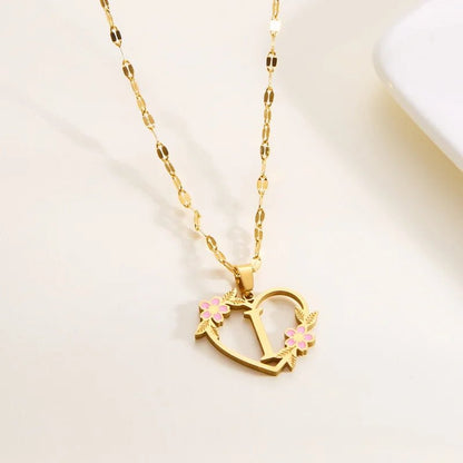 Dainty Floral Accented Heart Letter Initial Necklace - Veinci