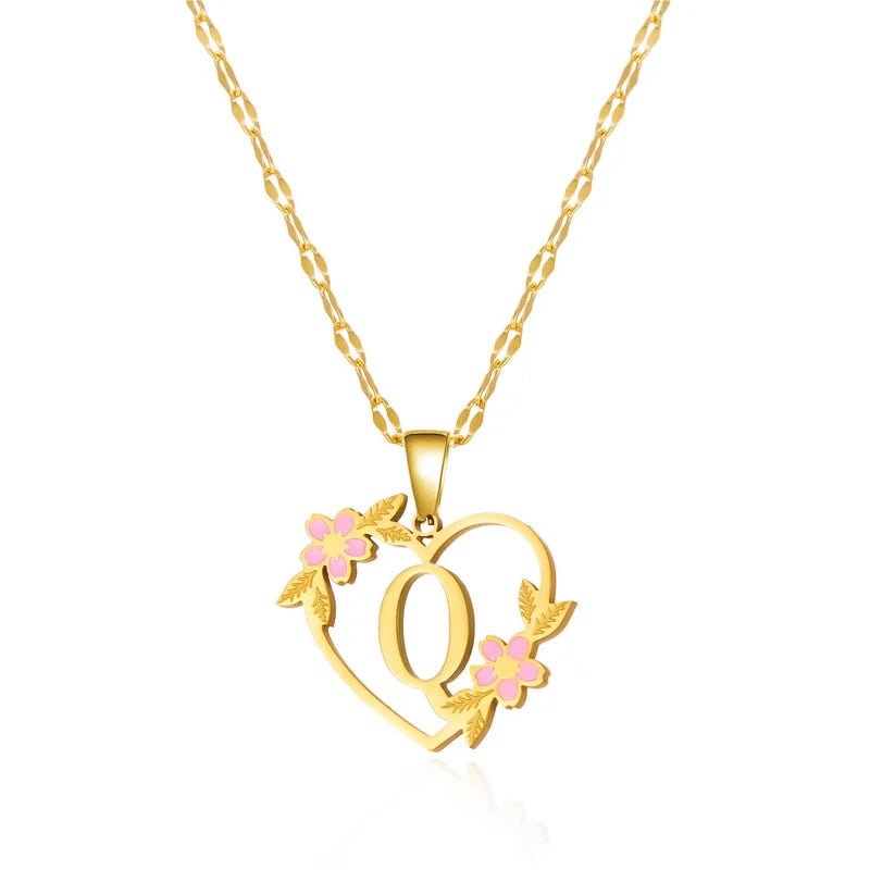 Dainty Floral Accented Heart Letter Initial Necklace - Veinci