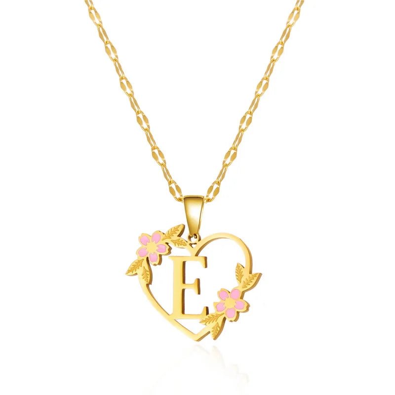 Dainty Floral Accented Heart Letter Initial Necklace - Veinci