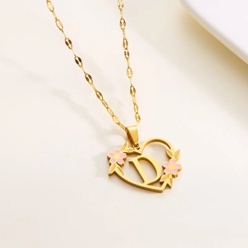 Dainty Floral Accented Heart Letter Initial Necklace - Veinci