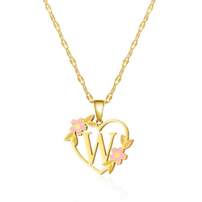 Dainty Floral Accented Heart Letter Initial Necklace - Veinci