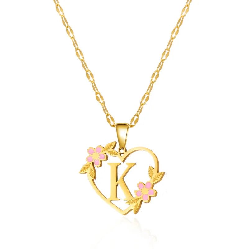 Dainty Floral Accented Heart Letter Initial Necklace - Veinci