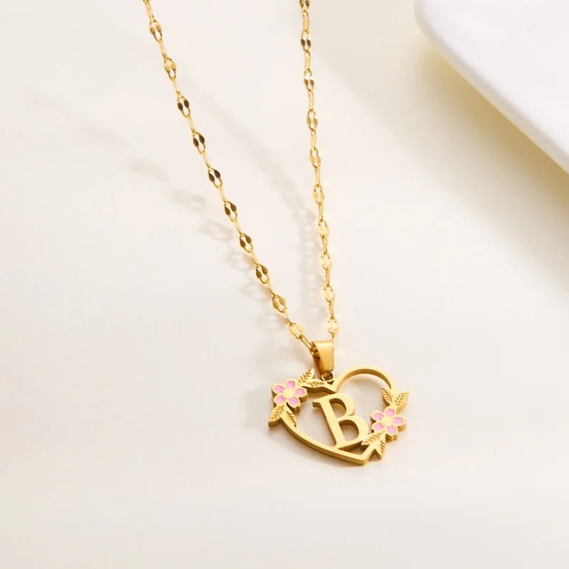 Dainty Floral Accented Heart Letter Initial Necklace - Veinci