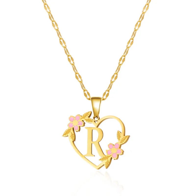 Dainty Floral Accented Heart Letter Initial Necklace - Veinci