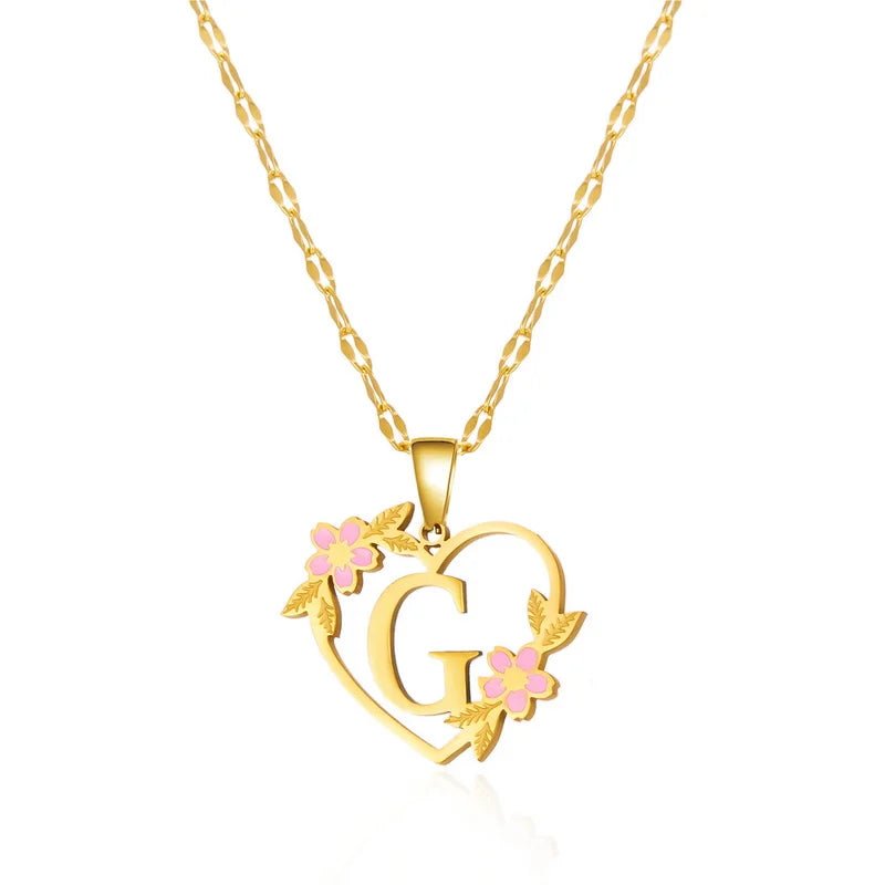 Dainty Floral Accented Heart Letter Initial Necklace - Veinci