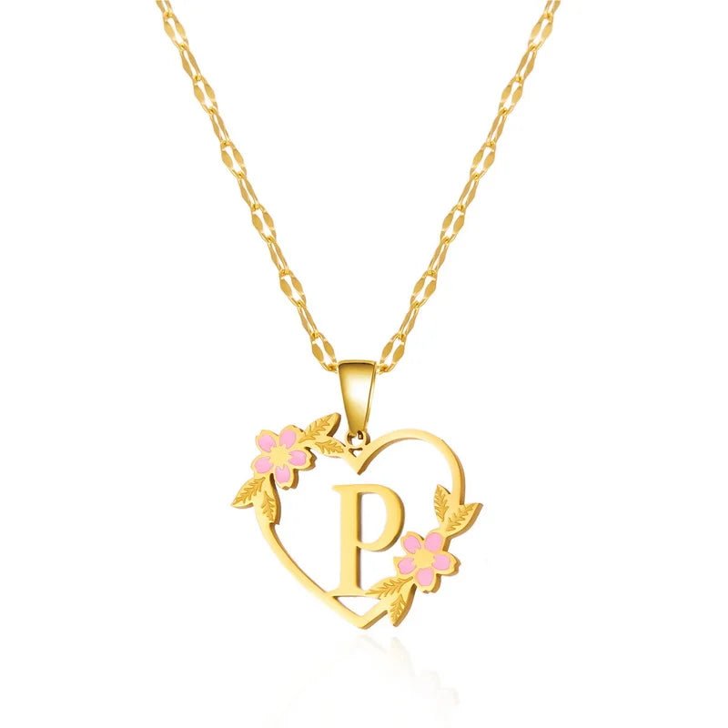 Dainty Floral Accented Heart Letter Initial Necklace - Veinci