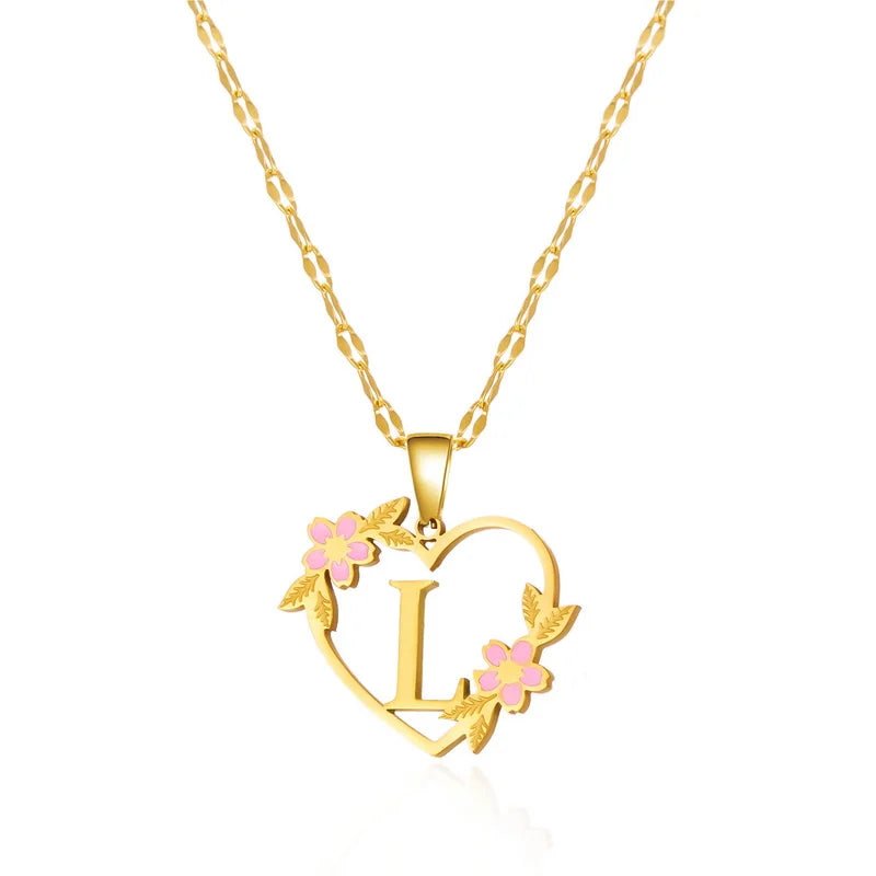 Dainty Floral Accented Heart Letter Initial Necklace - Veinci