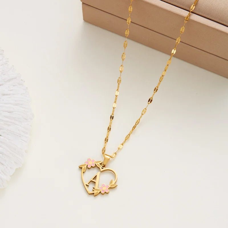 Dainty Floral Accented Heart Letter Initial Necklace - Veinci