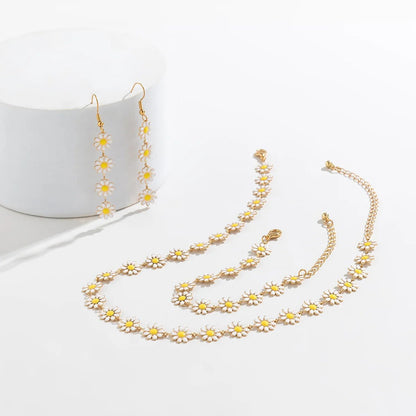 Dainty Floral Daisy Choker Necklace, Bracelet, and Earrings Set - Veinci