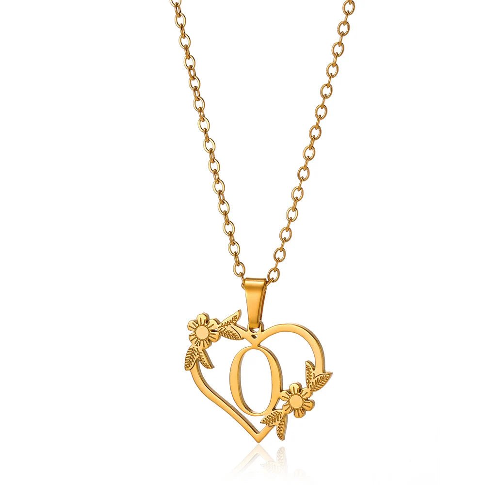 Dainty Floral Heart Letter Initial Necklace - Veinci