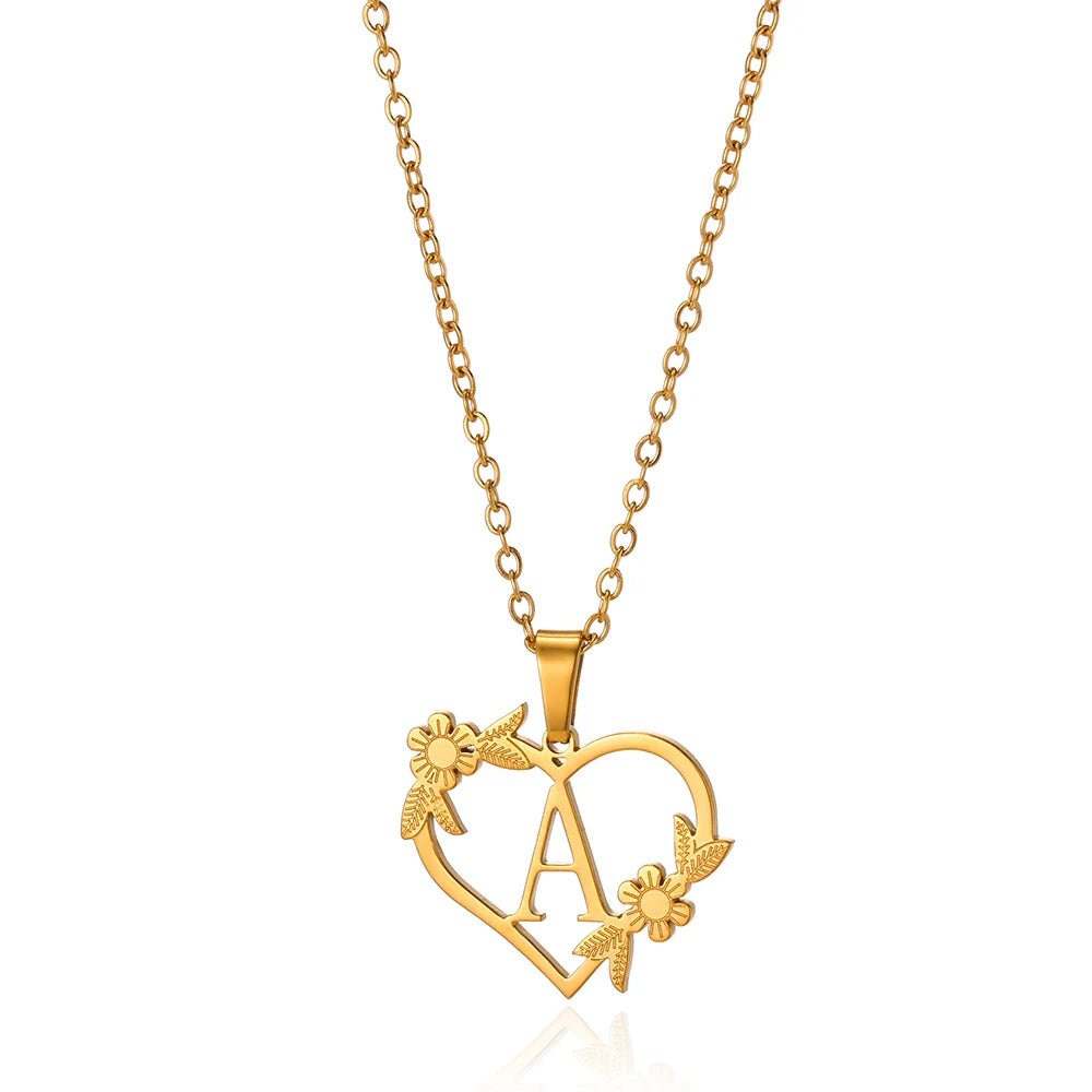 Dainty Floral Heart Letter Initial Necklace - Veinci