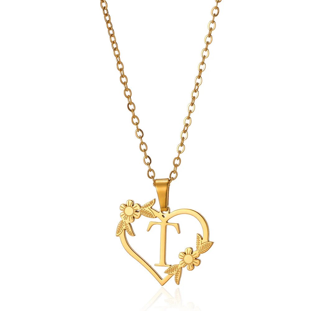 Dainty Floral Heart Letter Initial Necklace - Veinci