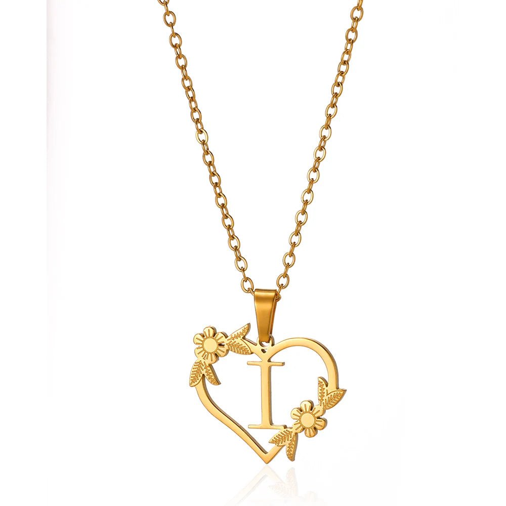 Dainty Floral Heart Letter Initial Necklace - Veinci