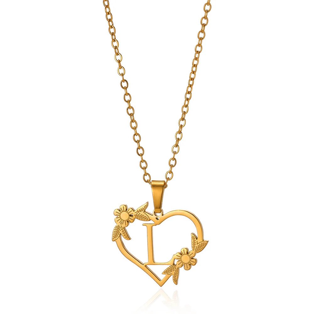 Dainty Floral Heart Letter Initial Necklace - Veinci