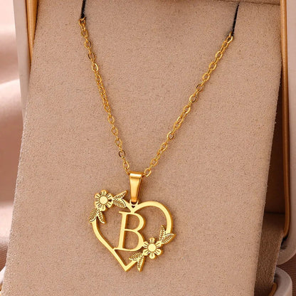 Dainty Floral Heart Letter Initial Necklace - Veinci