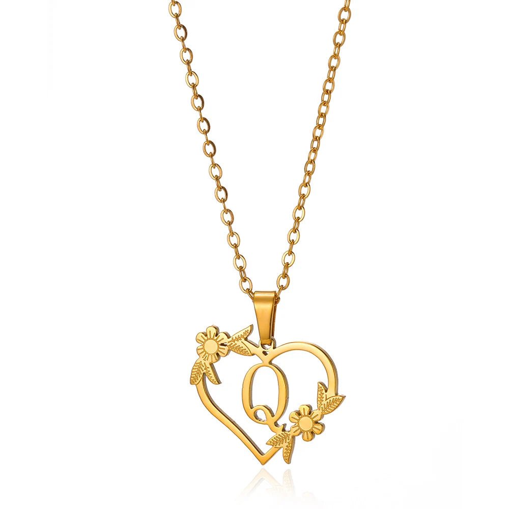 Dainty Floral Heart Letter Initial Necklace - Veinci